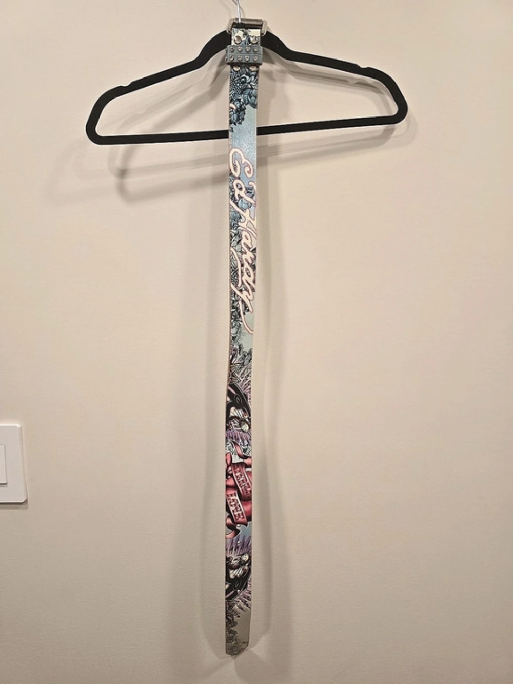 Vintage Ed Hardy Y2K Leather Belt Eternal Love Panther Floral Blue Pink XS 37"